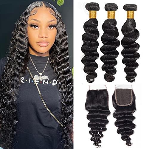 suerkeep Loose Deep Wave Human Hair Bundles and Closure Loose Wave Bundles With Lace Closure Big Deep Curly Wave Human Hair Bundles With Lace Closure Deep Loose Wave Bundles With Closure Loose Deep Wave With Closure 3 Bundles With 4X4 Lace Closure(16 18 20+14