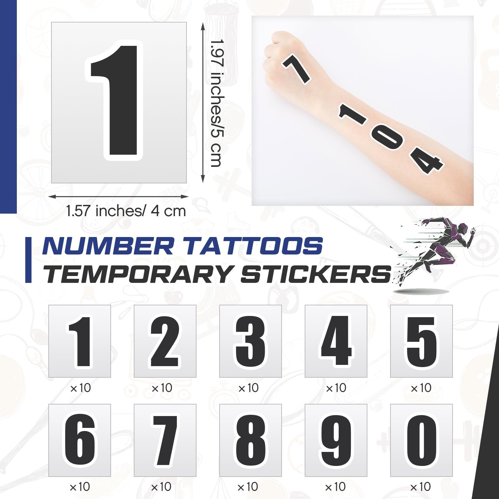 Dimsile 100 Pcs Triathlon Number Tattoos Temporary Number 0 to 9 Digits Tattoos Stickers 10 of Each Numerals Tattoo Numbers on Body Arm Chest Neck Shoulder Face for Party Supplies Athletes Sports Race