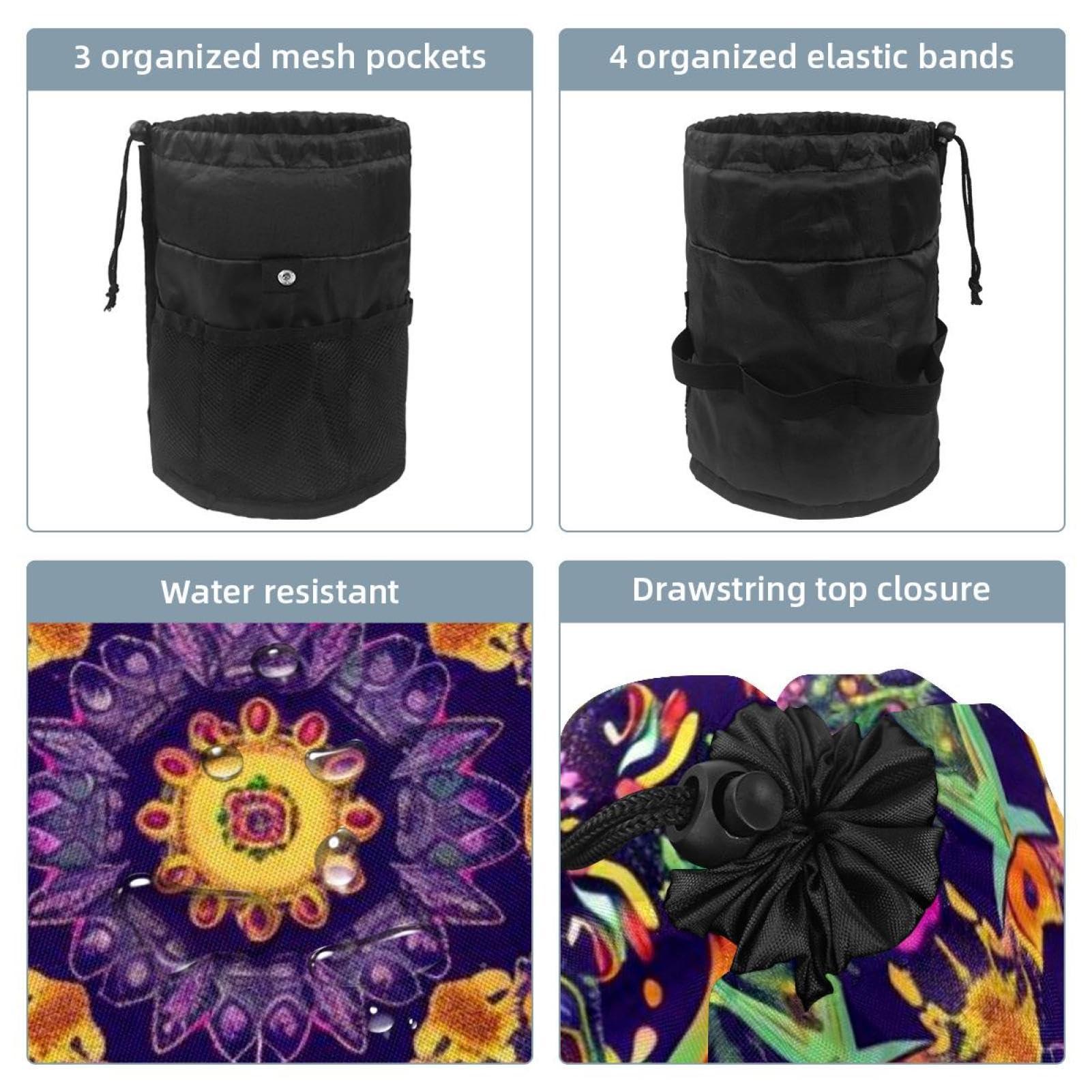 LSHDNG Travel Cosmetic Bags bucket Makeup Bag, Art Psychedelic Mandala Hippie Women Portable Foldable Cases, Multifunctional Toiletry Bucket Bags Round Organizer Storage