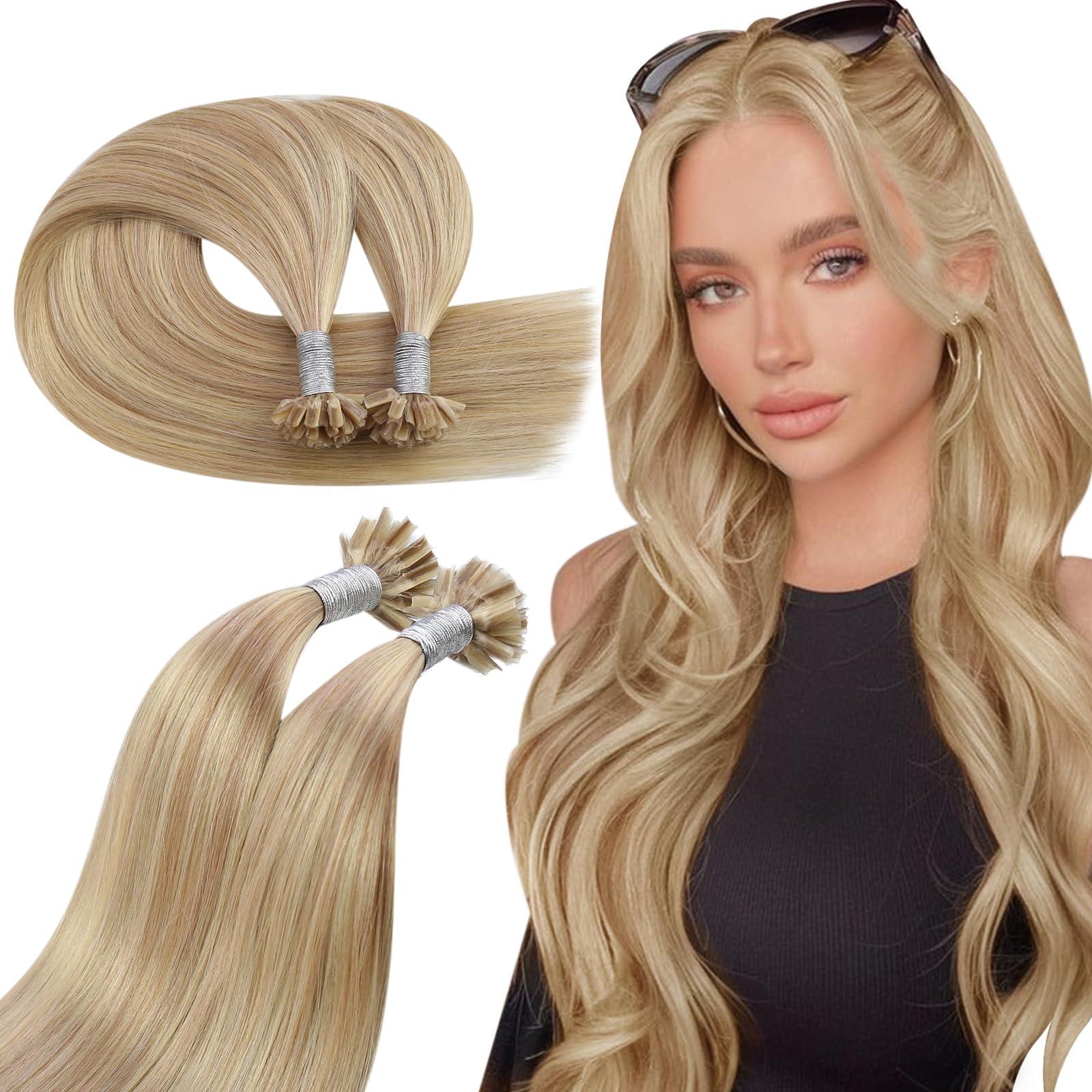 Ugeat Ugeat Utip Human Hair Extensions Dark Ash Blonde Highlights Golden Blonde U Tip Keratin Bond Hair Extensions for Women Add Length No Shedding 22 Inch 50G 50S