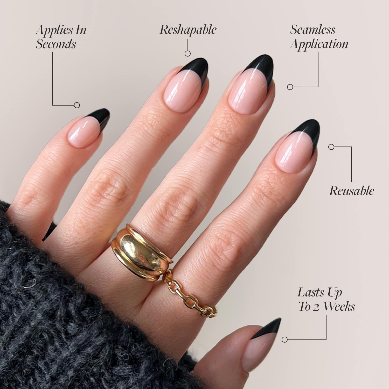 Glamnetic Glamnetic Press-On Nails & Adhesive Nail Tabs - Caviar | Semi-Transparent with Black French Tips, Short Almond Nails, Reusable |