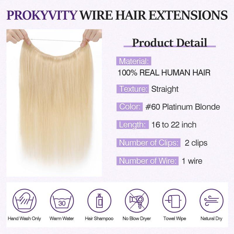 prokyvity Halo Hair Extensions Real Human Hair,Prokyvity Halo Hair Extension 100% Human Hair,Halo Extensions Real Human Hair,Human Hair Halo Extensions,Halo Hair Extension,60 Platinum Blonde 18inch