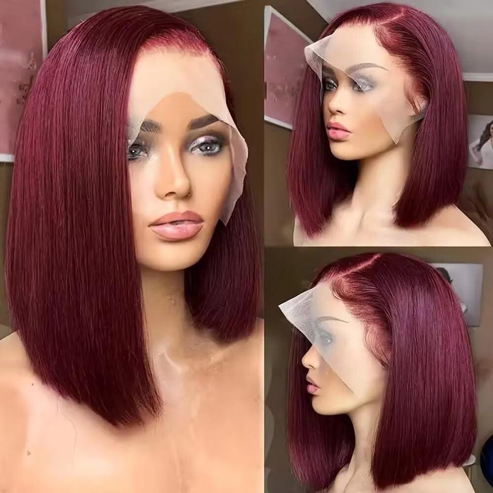 oulaer Burgundy Bob Wig Human Hair 13x4 Side Part Red Bob Lace Front Wig Human Hair for Women 150% Density Pre Plucked for Women Brazilian Remy Hair with Baby Hair 12Inch