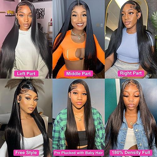 mengkai mengkai 34 Inch Straight Lace Front Wigs Human Hair Pre Plucked Bleach Knots Hairline Glueless 180% Density 134 HD Lace Front Wigs Human Hair Straight Human Hair Wigs for Women with Baby Hair