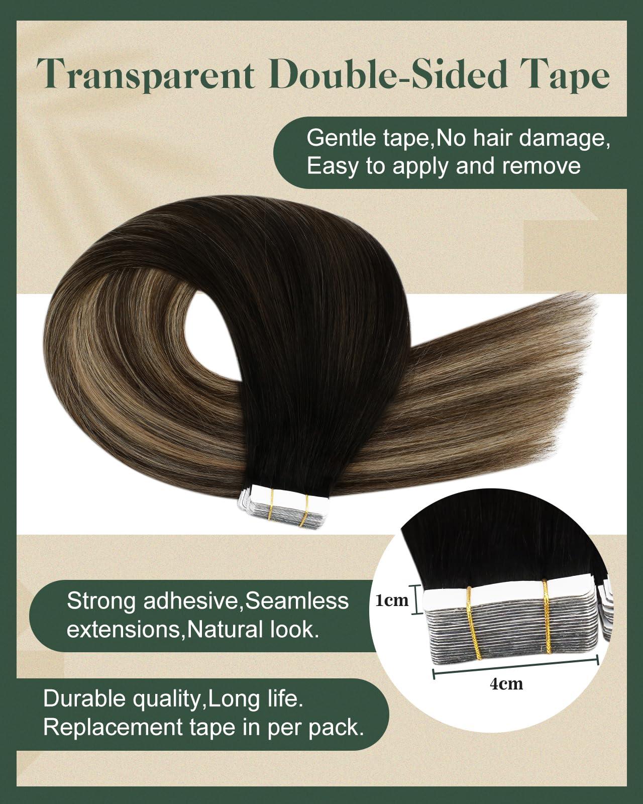 Ugeat Ugeat Balayage Brown Tape ins Human Hair Extensions Natural Black to Dark Brown Mix Caramel Blonde Ombre Seamless Tape in Hair Extensions for Women 22 Inch Add Length 20Pcs 50G