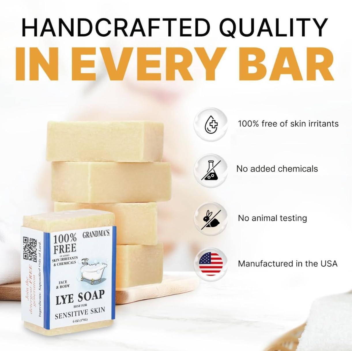 CLASSYONE CLASSYONE Grandma's Pure Lye Soap Bar for Sensitive Skin, Unscented Face & Body Wash Soap for Dry & Itchy Skin, Bundled with Wonder Wafers Baby Powder Air Freshener - 6.0 oz, Pack of 6