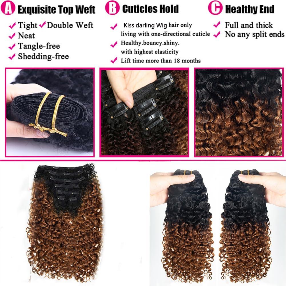 Kiss darling LASHES 3B 3C Afro Curly Clip in Human Hair Extension Real Hair Clip in Extensions for Women Ombre Auburn Brown Curly Clip ins Extensions 22\"inch 120g/Pcak Two Tone T#1B/30