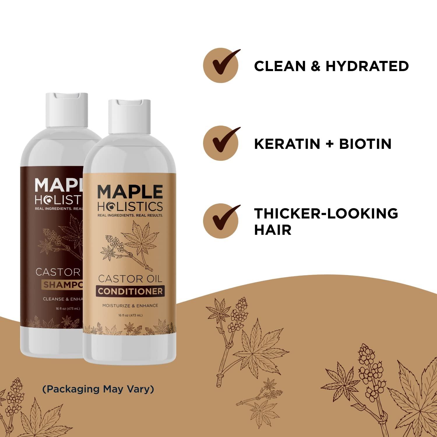 Maple Holistics Castor Oil Shampoo and Conditioner Set - Jamaican Black Castor Oil Shampoo and Biotin Collagen Conditioner - Sulfate Free Shampoo and Conditioner for Fine Hair and Dry Scalp Care (Vanilla) -16 Fl Oz
