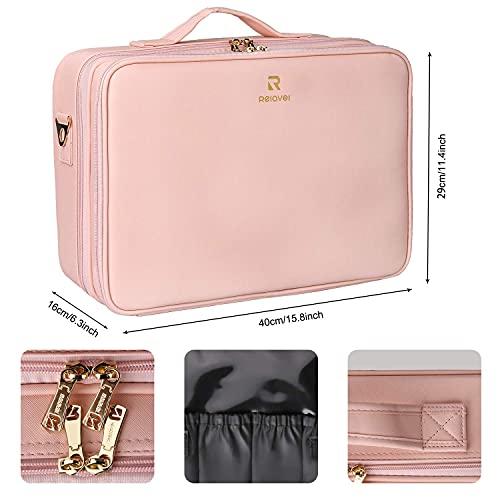 Relavel Relavel Makeup Case Large Makeup Bag Professional Train Case 16.5 inches Travel Cosmetic Organizer Brush Holder Waterproof Makeup Artist Storage Box, 3 Layer Large with Adjustable Strap (Pink)