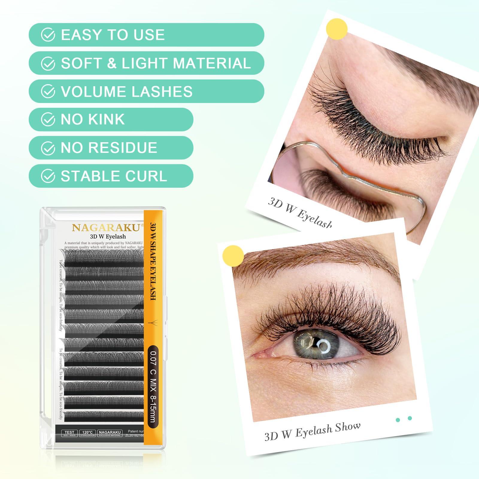 NAGARAKU NAGARAKU 3D W Shape Eyelash Extension 5 Trays in 1 pack Volume 0.07mm C curl 9/10/11/12/13mm Premade Fans Faux Mink Matte Black Cluster Easy Fanning False Lashes