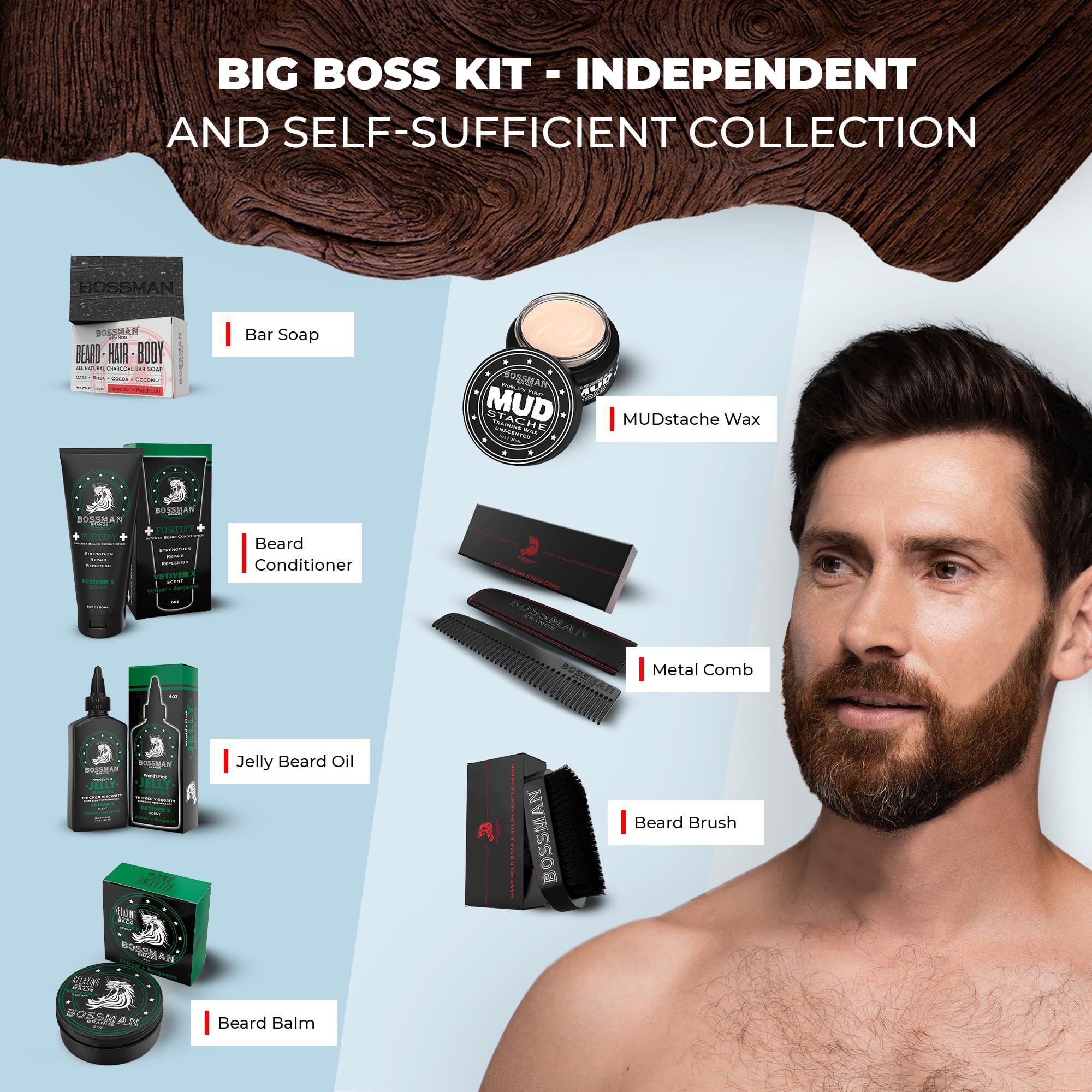 Bossman Bossman Big Boss Beard Care Kit for Men - 7 Piece Beard Grooming Kit with Jelly Beard Oil, Beard Conditioner, Beard Balm, MUDstache Wax, Bar Soap, Metal Comb, Brush - Mustache Kit (Vetiver X)