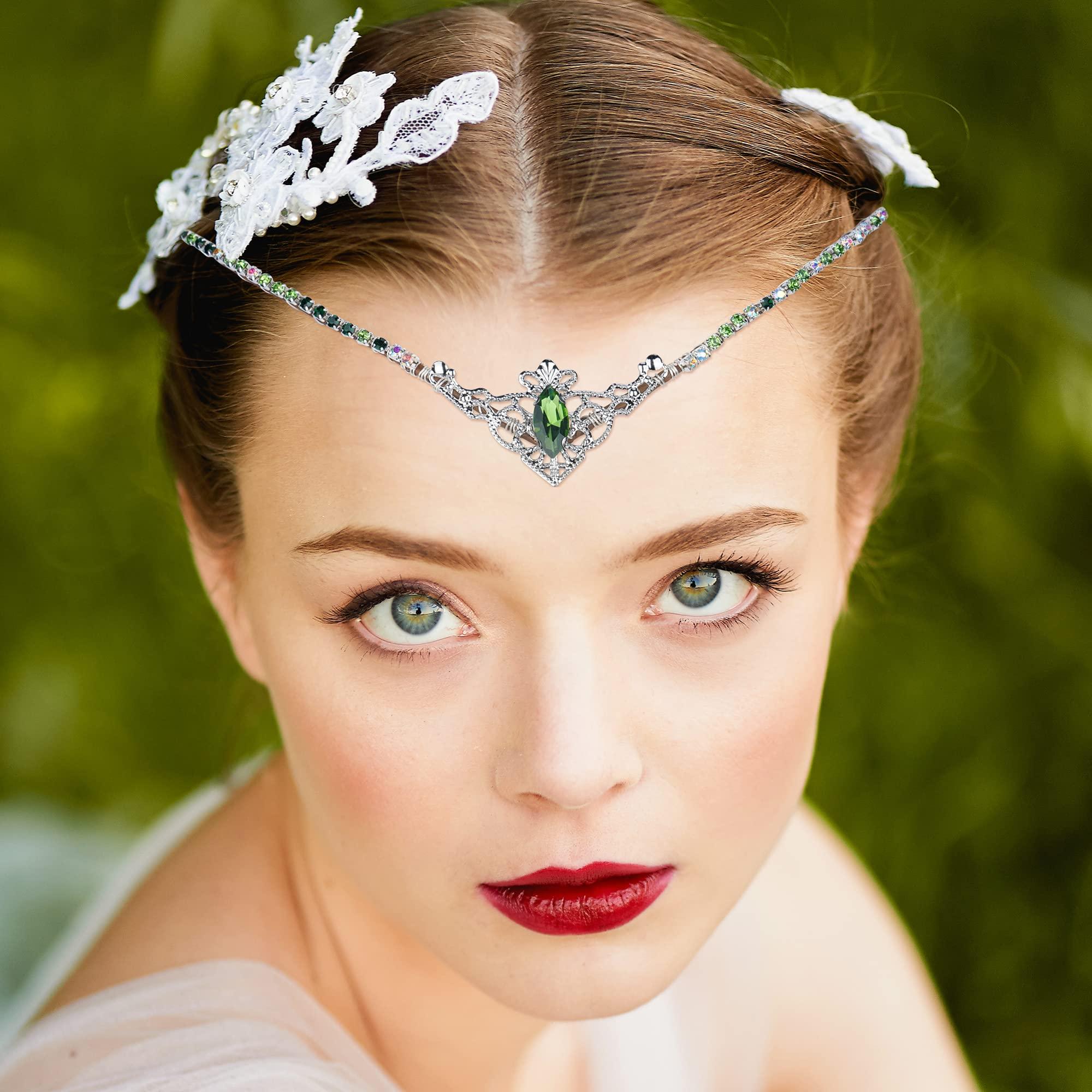 MOSTORY MOSTORY Handmade Green Crystal Tiara for Princess Wedding Rhinestone Fairy Crown Headband for Bridal Shower V-shape Woodland Elf Headpiece for Women Queen Bachelorette Party Medieval Fair Proms