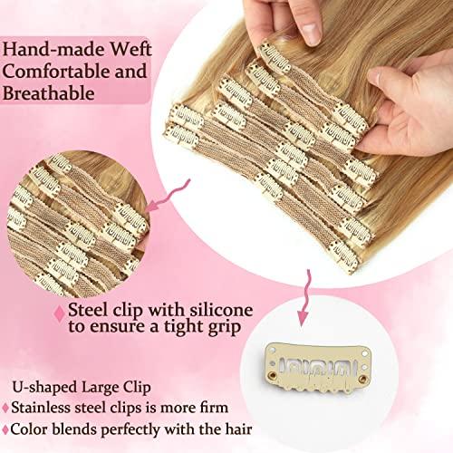 Tahikie Human Hair Clip in Extensions Dark Blonde Highlighted Bleach Blond Full Head Silky Straight Clip in Natural Remy Human Hair Extensions 120g 8pcs (22 inch, 18/613)