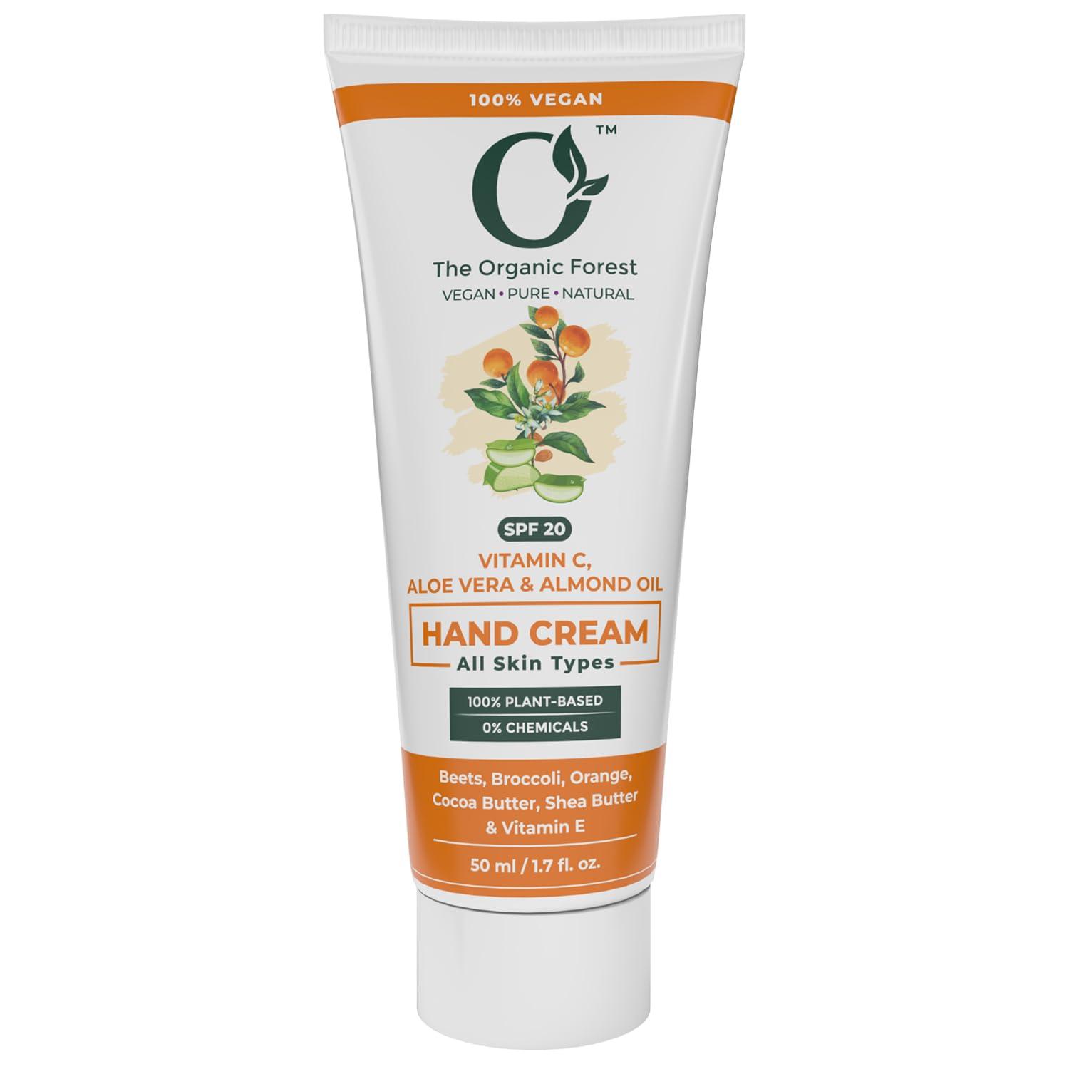 The Organic Forest  VEGAN . PURE . NATURAL Plant Based Vitamin C Hand Cream with Sun Protection SPF | Shea Butter, Cocoa Butter, Almond Oil, Coconut Oil & Aloe Vera - For Wrinkle Reduction, Aging Hands & Dark Spots | Travel Size |