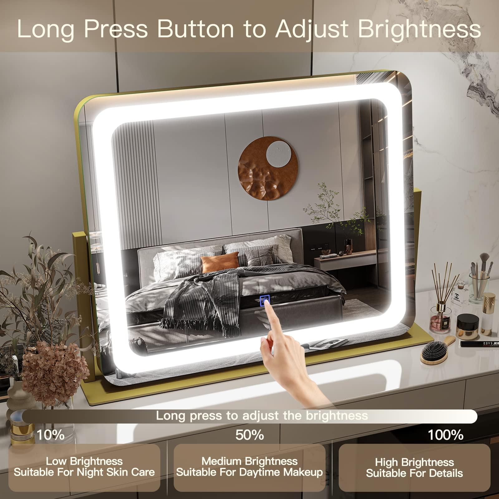 FENNIO FENNIO Gold Vanity Mirror with Lights 22\"x19\", LED Lighted Makeup Mirror, Large Makeup Mirror, Make up Mirror with Lighting,Touch Screen with 3-Color Lighting,Dimmable,for Vanity Desk Tabletop
