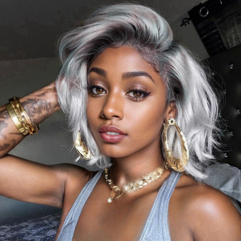 FENJUN HAIR FENJUN HAIR Ombre Silver Grey Wig Human Hair Dark Roots Wet and Wavy Lace Front Wigs for Black Women Body Wave Ash Blonde Wig Glueless Pre plucked Ombre Gray Wigs for White Women 150% Density 14 Inch