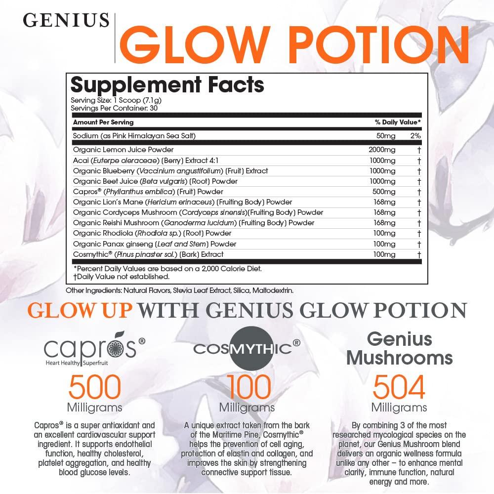The Genius Brand The Genius Brand Glow Potion, Anti-Aging Supplement, Acai Berry Powder - Supplements for Glowing Skin with Genius Mushrooms - All-in-One Wrinkle, Fine Line, Dark Spot Remover & Boosts Skin Repair