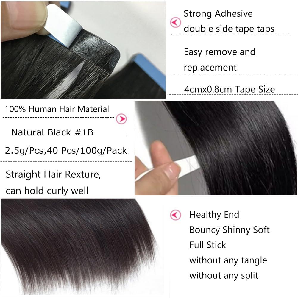 Kiss darling LASHES 26 Inch Silky Straight Tape In Human Hair Extensions Natural Black Color Brazilian Hair Seamless Tape On Hair Extensions Double Sided 100 Grams 40 Pieces Remy Tape In Hair