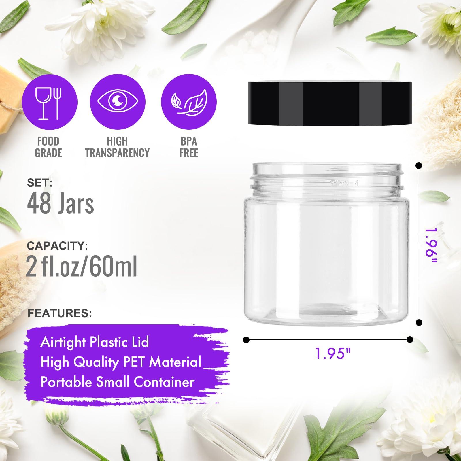 Jaisie.W Jaisie.W 2 oz Plastic Jars with Lids 48Pack,Empty Small Plastic Jars with Lids for Storage, Round Clear Plastic Jars with Lids for Cream,Lotion,Powder,Ointment(2fl.oz,set of 48)