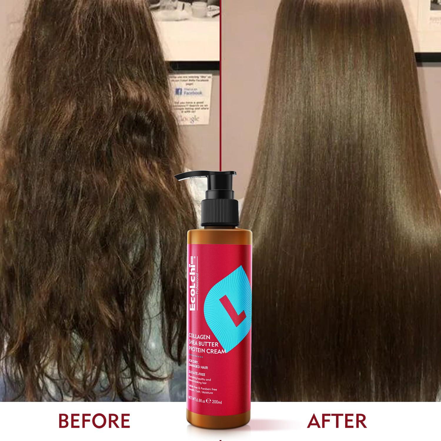 ECOLCHIPRO ECOLCHIPRO Ecolchi Collagen Leave-In Conditioner Cream Deep Restores Shea Butter Protein Cream Hair Treatment Smooth Glossy for Dry and Damaged All Hair Types 200ml 6.8 fl.oz