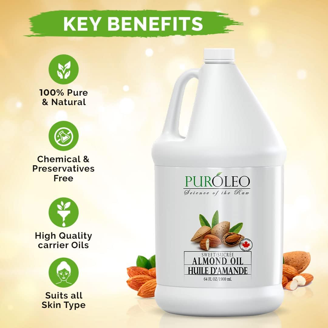 PURLEO PUROLEO Sweet Almond Oil 64 Fl Oz/1900 ML 100% Natural and Pure | Moisturizer & Carrier Oil | Beauty & DIY Blends, Massage Oil, Body Oil, Hair Oil and Baby Oil | Made from Almonds raw