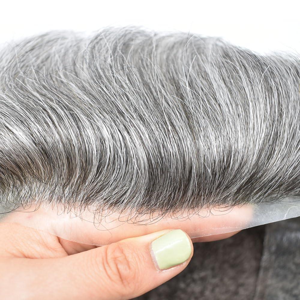 Hair Wonders Hair Wonders Toupee For Men Hair Replacement System Real Human Hair Piece For Men Swiss Lace Mens Toupee Hair Pieces Hair System For Men6x8 Medium light density #1B60 1B# OFF BLACK+60% GREY