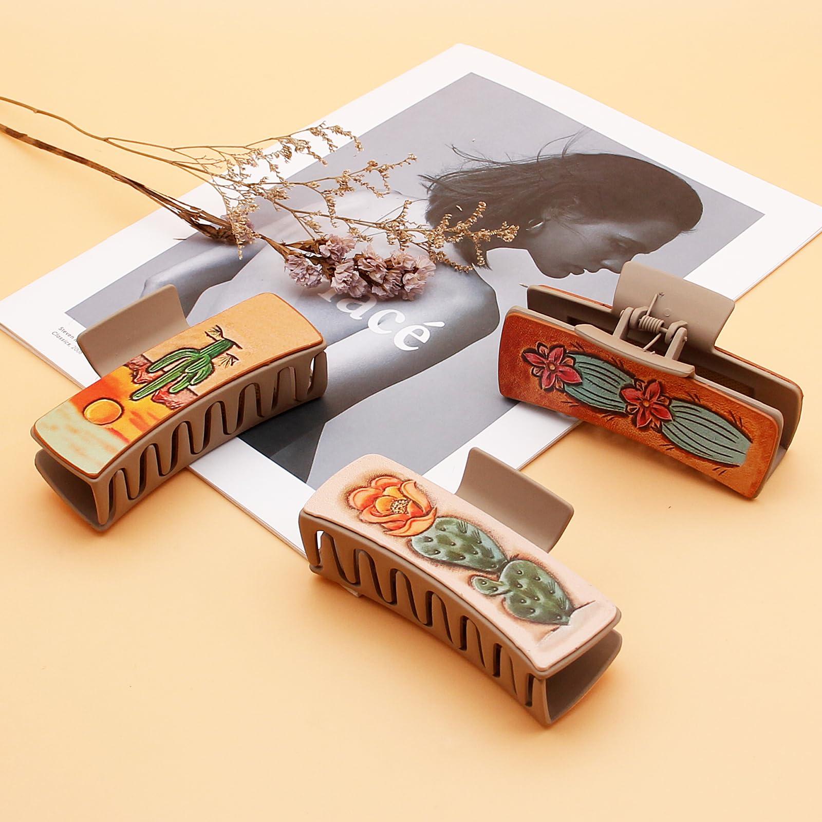 FALERII Cactus Leather Western Claw Hair Clips, 3PCS Thick Hair Clips for Women