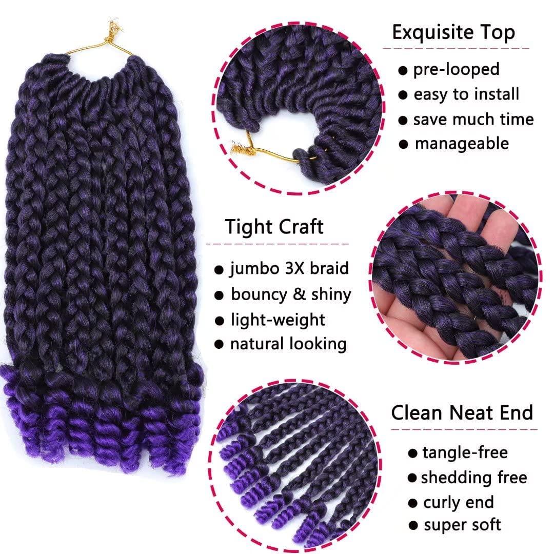 Alimiriam Purple Crochet Box Braids Curly Ends 10 inch 6 Packs Short Bob Box Braid Crochet Hair with Curly End Jumbo Crochet Braids Hair for KidsBlack Women(T1B/Purple#, 10\" 6 Packs)