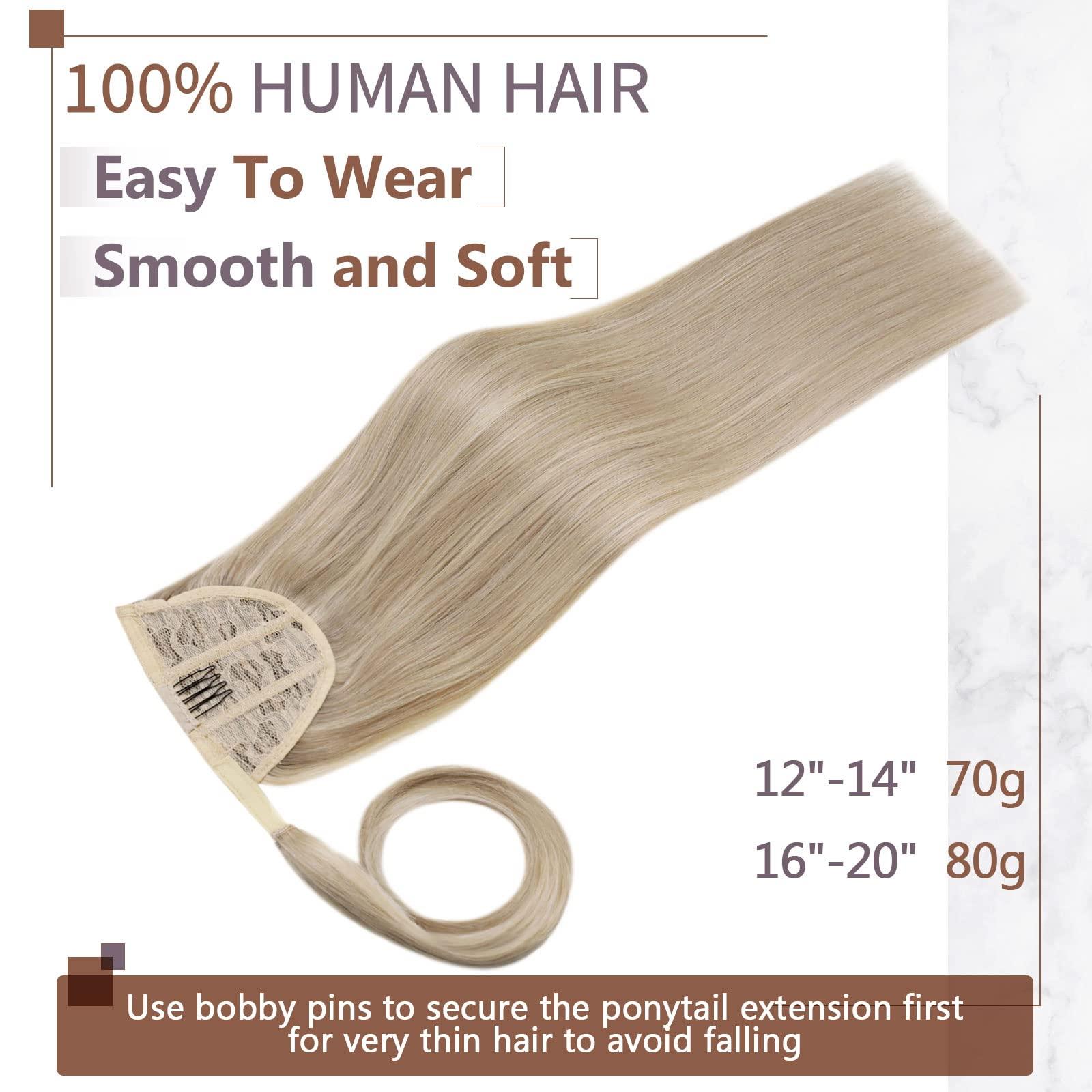 RUNATURE Light Ash Blonde Hiar Extensions Clip Ins 12 Inch Clip Hair Extensions #16p22 and #8p60 Brown with Blonde Human Hair Ponytail Extension 12 inch
