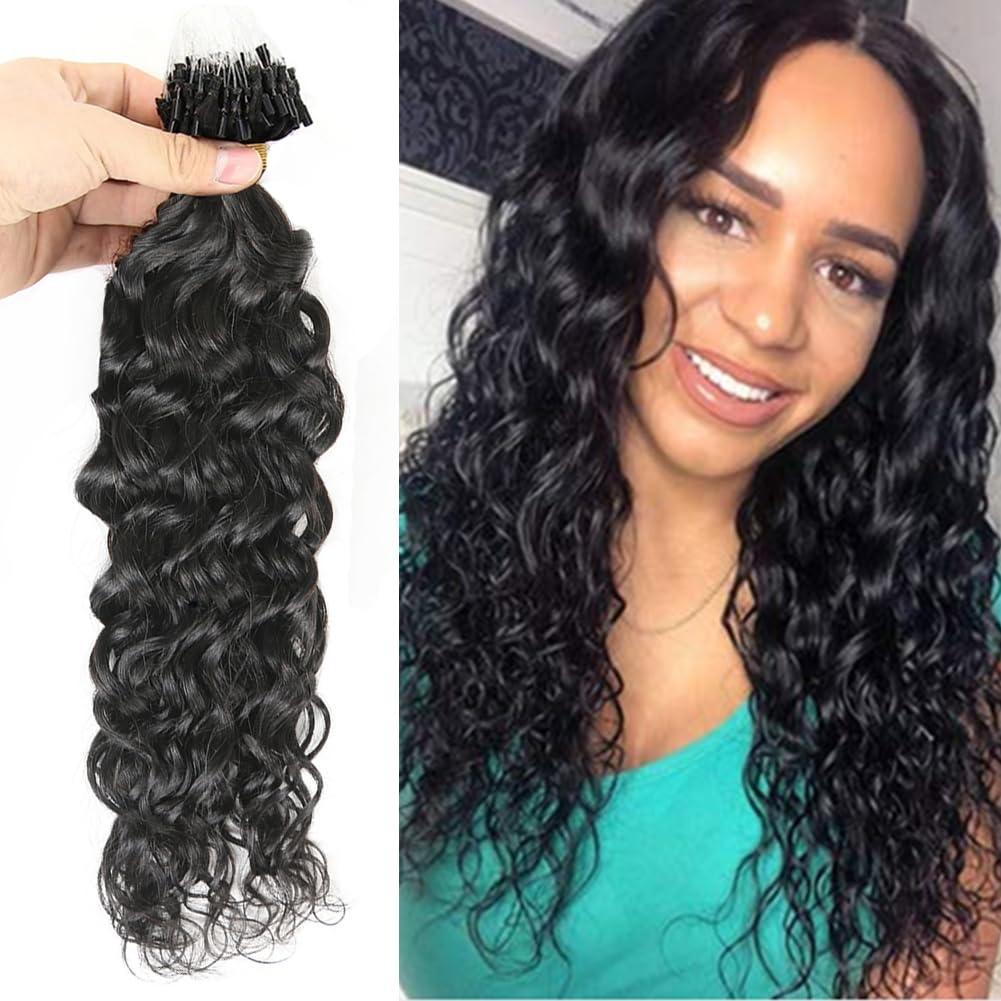 Kiss darling LASHES Natural Wave Microlink Hair Extensions Human Hair Off Black Micro Loop Hair Extensions Real Human Hair Natural Wavy Curly Micro Links Hair Extensions 100 Strands 100g 18\"inch