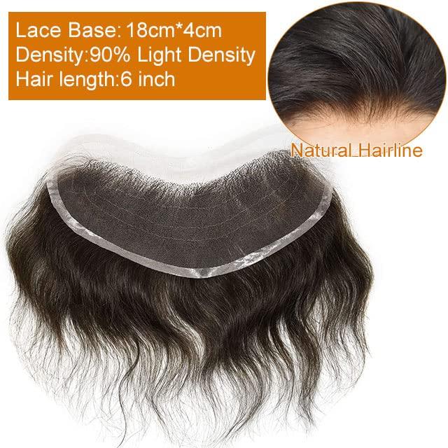 Healthlif Mens Frontal Wigs Full Lace Base V-Shape Frontal Hairpiece For Men European Virgin Human Hair Patch Hair Extension For Hairline Loss Mens Topper Hair Replacement (18x4cm, #1B Off Black-100% Light To Medium Density)