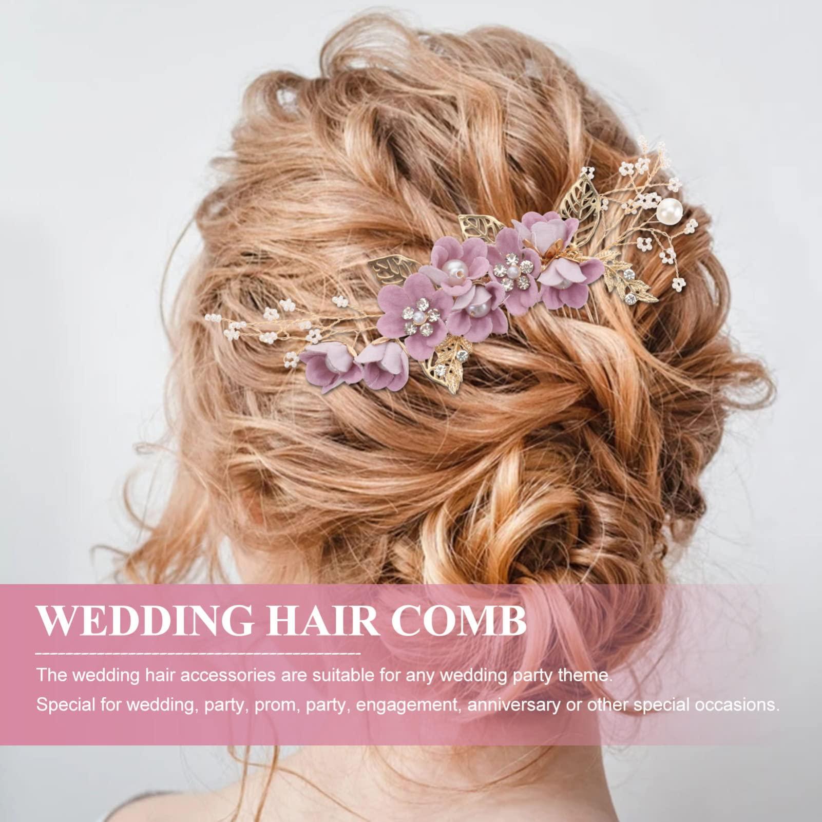 Luxshiny Luxshiny Gold Decor Bridal Hair Comb Hair Side Comb, Bride Wedding Hair Comb Pearl Hair Piece for Wedding Banquet Party (Purple) Bridesmaid Hair Accessories Retro Decor