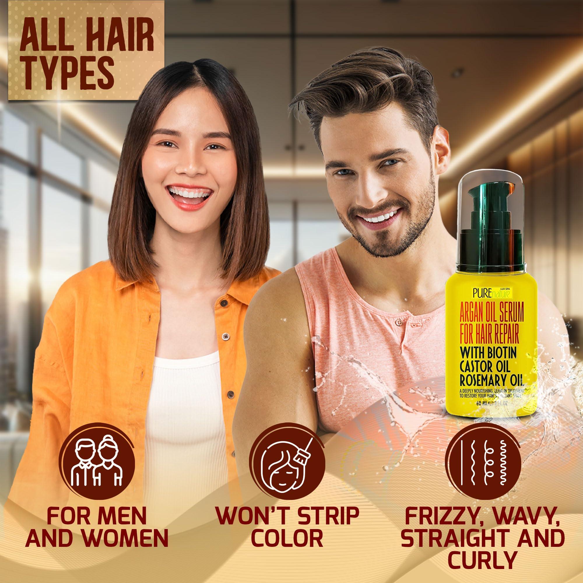 PURE NATURE LUX SPA PURE NATURE Lux Spa Moroccan Argan Oil Shampoo and Conditioner Set, Heat Protectant Spray, Hair Serum with Keratin, Biotin, Rosemary & Castor Oil for Hair Protection, Repair and Shine (3 Count)