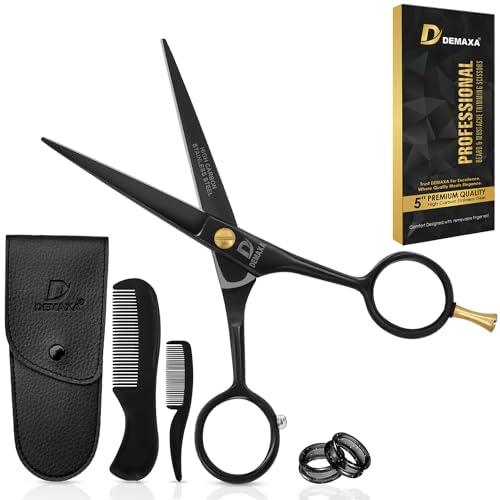 DEMAXA DEMAXA 5\" Professional Beard Mustache Scissors with 1 Mustache Comb, 1 Beard Comb & Soft Pouch Prefect Beard Trimming Scissors for All Facial Hair Scissors Grooming Scissors Men (Black)