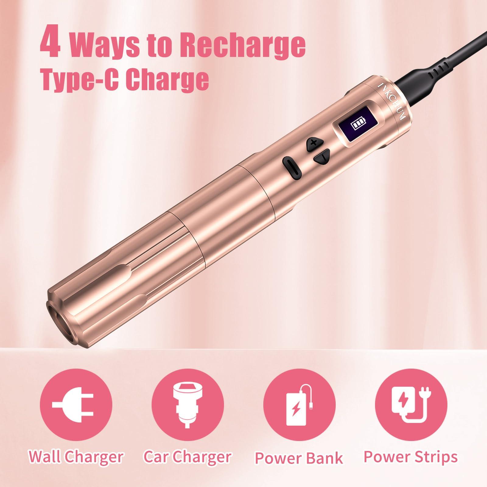 INKCHUM INKCHUM Microblading Supplies Wireless RCA Machine Pen with 2 Batteries Digital OLED Display 10W Coreless Motorfor Miroblading Shading Lining Eyeliner Lips(Rose Gold)