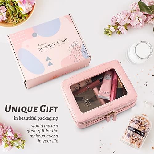 Aveniee Aveniee Clear Makeup Bag Organizer, Portable Travel Toiletry Cosmetic Bag Case for Women, Heavy Duty Make Up Pouch with Transparent Vinyl Windows & Gold Zippers(Pink)
