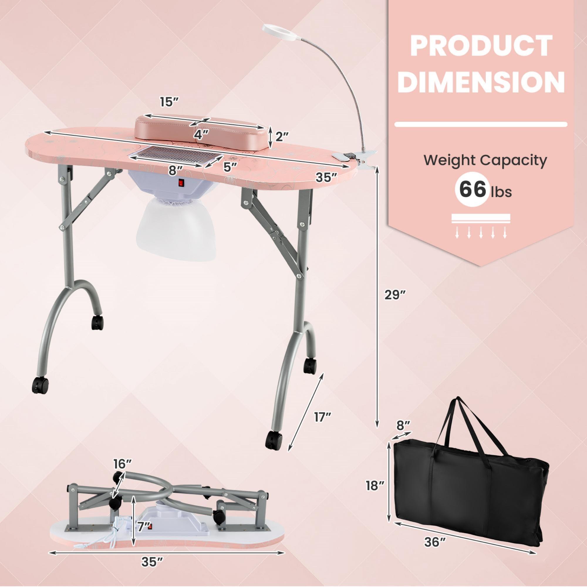CHEFJOY CHEFJOY Portable Manicure Table, Foldable Nail Desk w/Electric Residue Collector, Bendable LED Lamp, Removable Armrest Pad, Lockable Wheels, Foldable Nail Table w/Carry Bag for Home, Salon, Pink