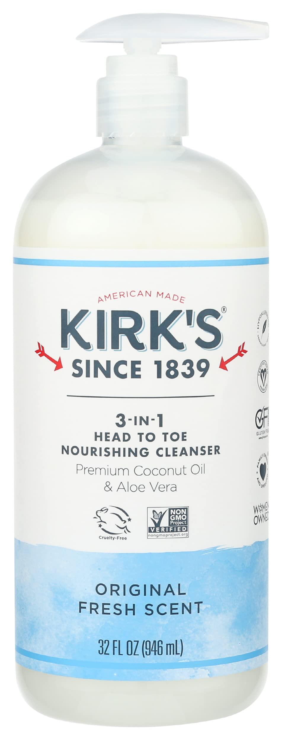 Kirk's Kirk's 3-in-1 Head to Toe Clean Body Wash Nourishing Cleanser Original Fresh Scent, Natural Formula, Free of Sulfates, Parabens Free, 32 Fluid Ounce (Pack of 1)
