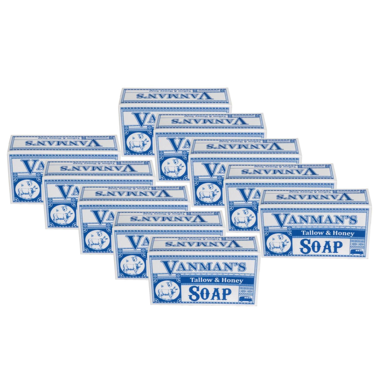 The VanMan Company Vanman - Pure Beef Tallow with Honey - Pure Saponified 100% Grass Fed Beef Tallow for Skin, Raw Honey, Distilled Water and Vanilla Oil - Subtle Vanilla Scent - Beef Tallow and Honey Soap - 10 Pack