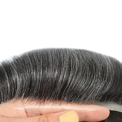 Hair Wonders Toupee for Men Real Human Hair Piece Replacement Systems French Lace Hair Pieces Pu Around Hair Unit for Men Lace Hair System Hair Prosthesis Man8*10\"-120% density#1B50 Off Black + 50% Gray