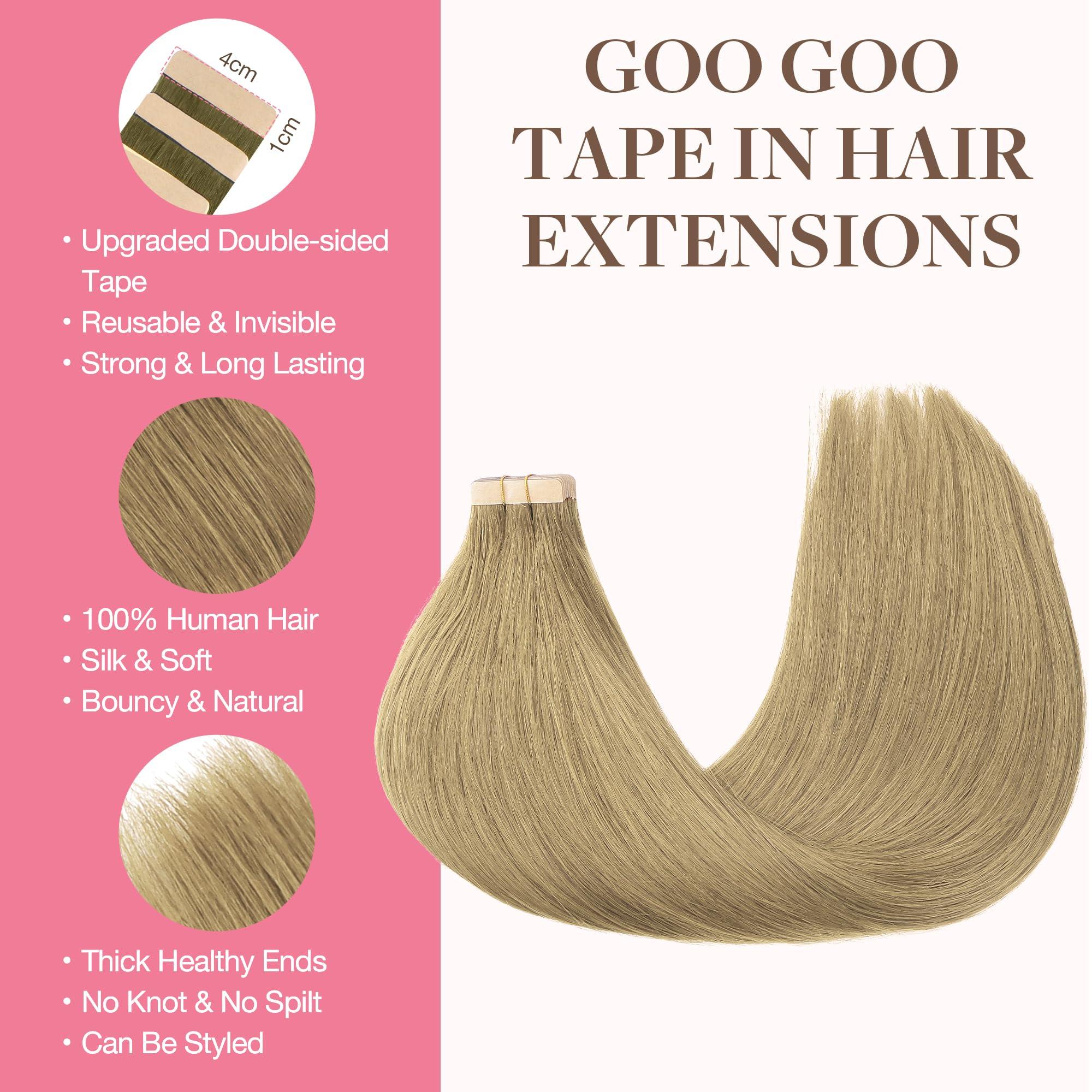 GOO GOO GOO GOO Tape in Hair Extensions Human Hair, 7 Bronde, 24inch 100g 40pcs, Thick Ends Straight Seamless, Invisible