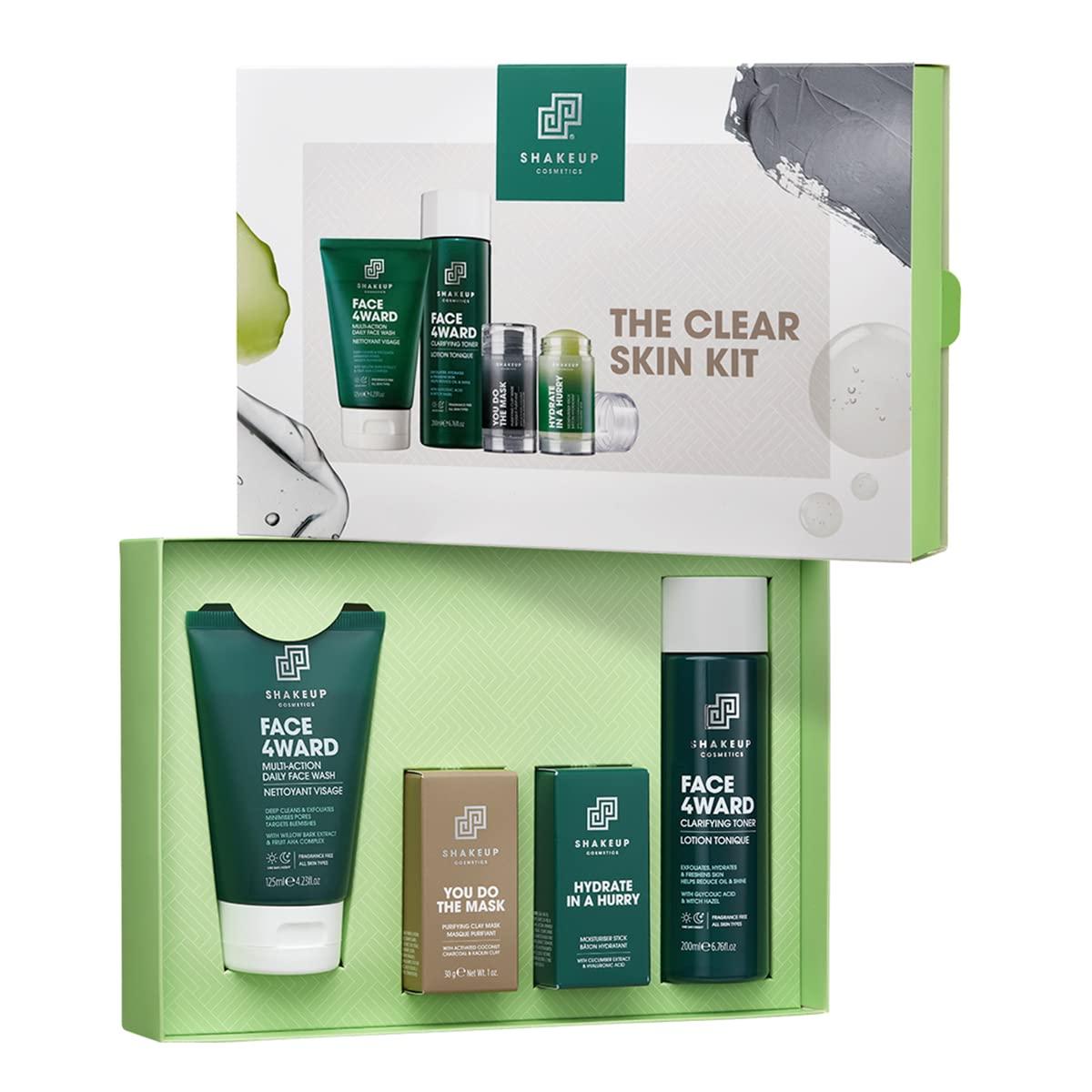 Shakeup Cosmetics Shakeup - 4-Piece Clear Skin Kit, Mens Skincare Gift Set, Targets Blemishes, Daily Face Wash, Clarifying Toner, Purifying Mask & Moisturiser Stick
