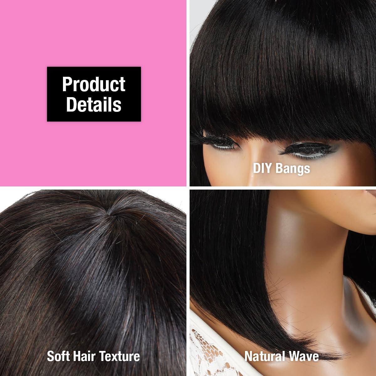 INSTANT FAB INSTANT FAB Medium Bob Wigs Human Hair with China Bangs for Black Women Straight Bob with Bangs Human Hair Non Lace Front Wigs  Spinel (12 inch (1Pack), OT1B/BURG (Ombre tipped offblack burgundy))