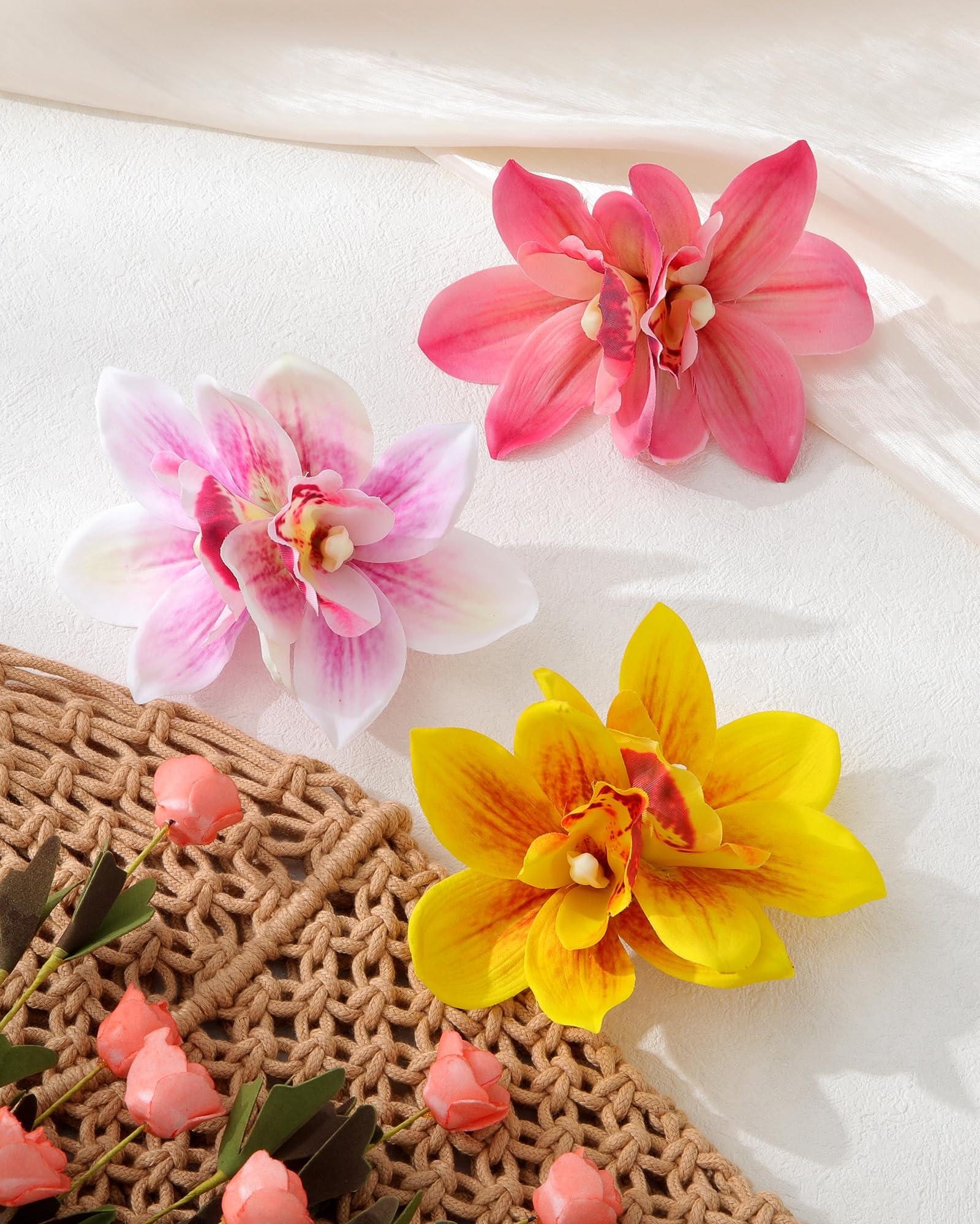 Ufgin 3 PCS Hawaiian Hair Accessories: Orchid, Hibiscus, and Artificial Flower Barrettes for Women (Pink, Rose, Yellow) - Ideal for Wedding, Bridal, Beach Party