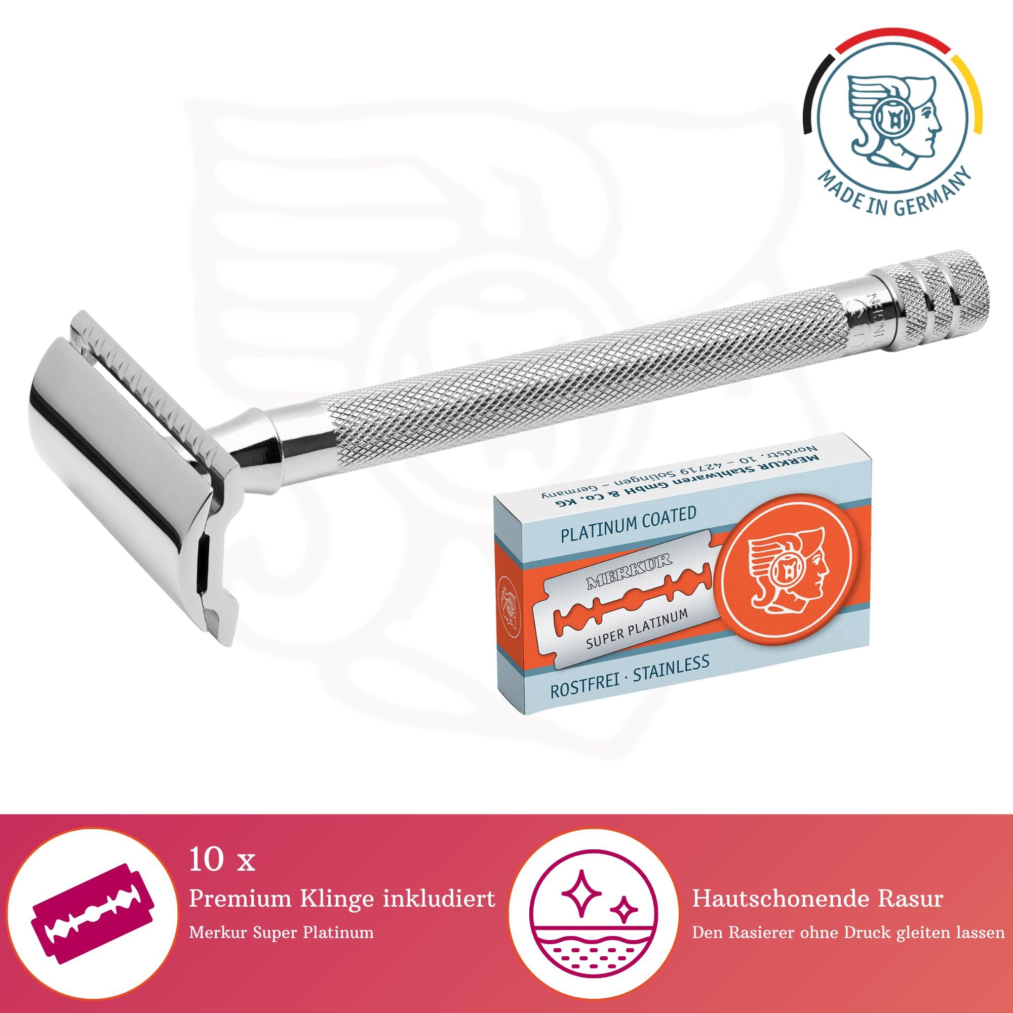 MERKUR MERKUR 24C Safety Razor For Women with 10 Double Edge Blades | Extra Long Handle | Three-piece Razor | Straight Cut | Bright Chrome Finish | Made in Germany