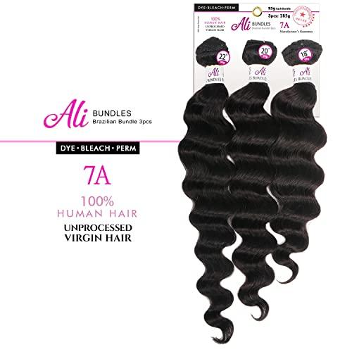 Ali [7A Grade Unprocessed Brazilian Hair] Ali express Brazilian Human Hair 3 Bundles Ocean Wave -3 Bundles in 1 Pack Solution -Naturl Black (18+20+22)