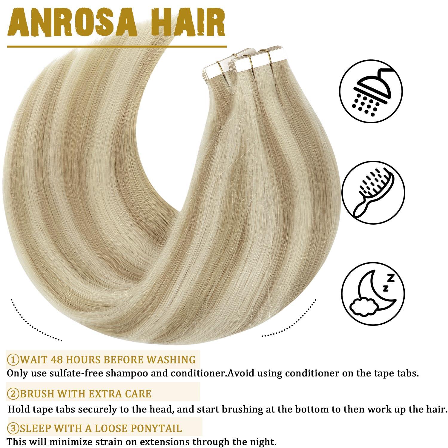 Anrosa 22 Inch Tape in Hair Extensions Human Hair Silky Blonde Human Hair Extensions Double Sided Tape Extensions Human Hair Semless Ash Blonde Highlighted Bleach Blonde 50g/20pcs