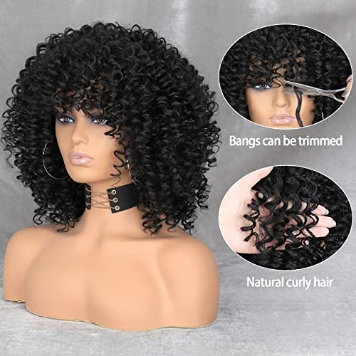 Xinran Xinran Black Curly Afro Wig for Women, Kinky Black Curly Wigs for Women, Natural Synthetic Curly Wig with Bangs