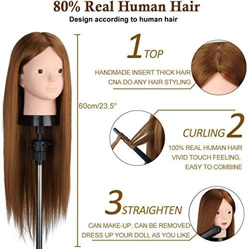 TopDirect Mannequin Head with 80% Human Hair, TopDirect 23.5" Brown Real Hair Cosmetology Mannequin Head Hair Styling Hairdressing Practice Training Doll Heads with Clamp Holder and Tools