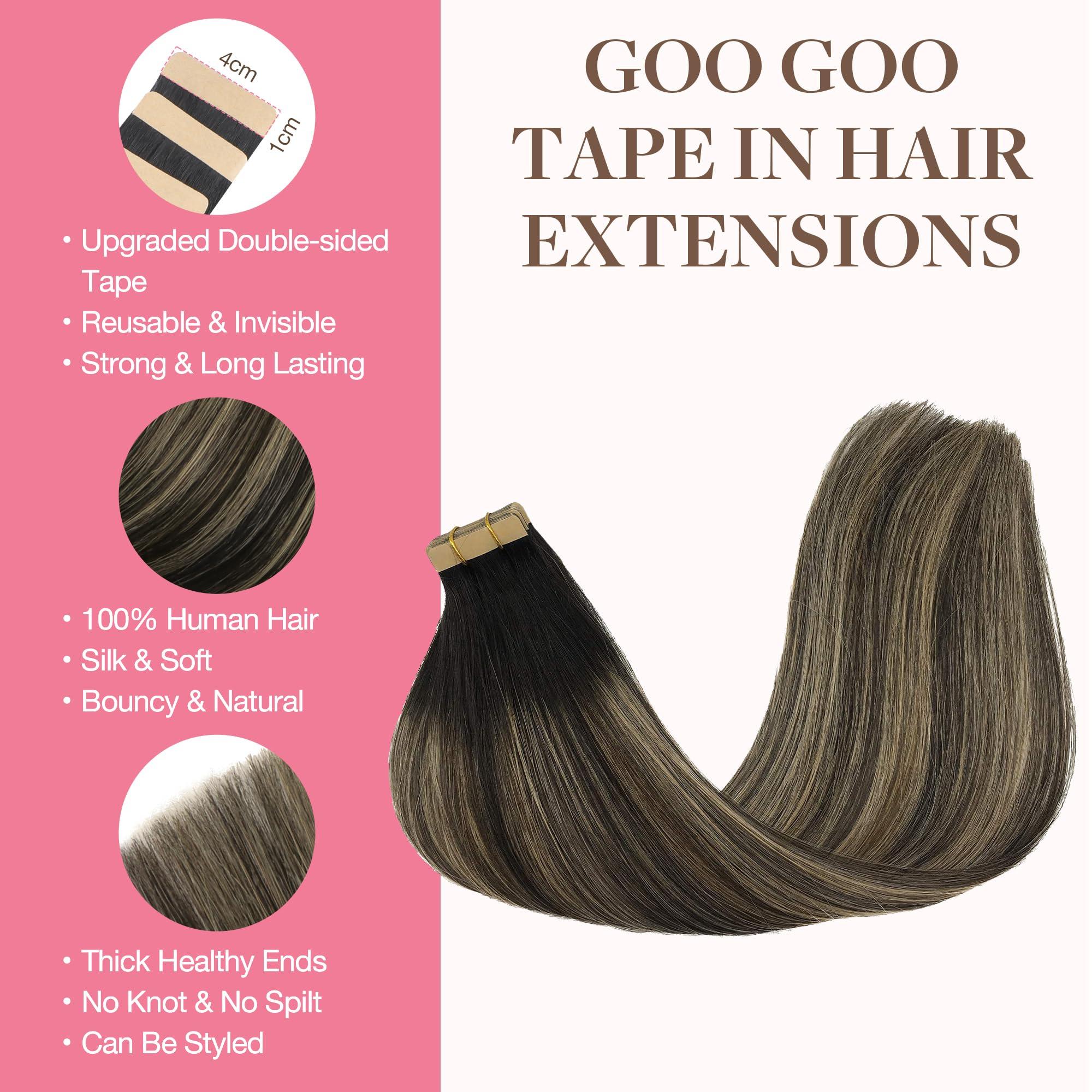 GOO GOO GOO GOO Tape in Hair Extensions Human Hair, 1B/16/1B Balayage Natural Black to Light Blonde, 18inch 50g 20pcs, Thick Ends Straight Seamless Tape in, Invisible Tape in Hair Extensions Human Hair